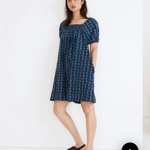 Madewell Puff Sleeve A-Line Mini Dress Indigo Block Print